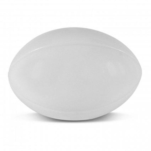 Set of 30 white rugby-shaped stress balls, soft polyurethane, ideal for stress relief and team events.