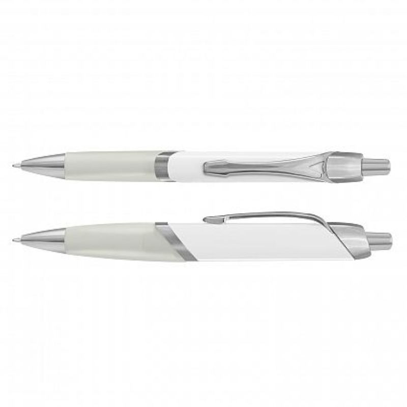 Set of 100 Avenger Pens with sleek white barrel, soft-touch grip, and chrome trim for smooth writing and durability.