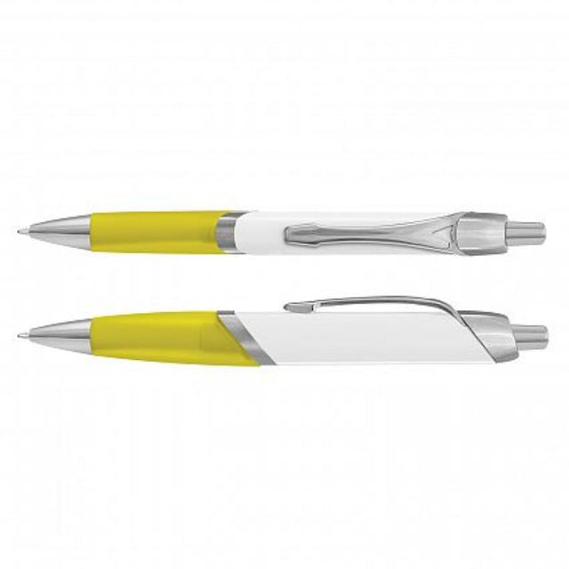 Set of 100 vibrant yellow Avenger Pens with soft-touch grips, chrome trim, and premium ink for smooth writing.