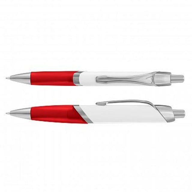 Set of 100 sleek red retractable ballpoint pens with soft-touch grip and chrome trim for smooth, reliable writing.