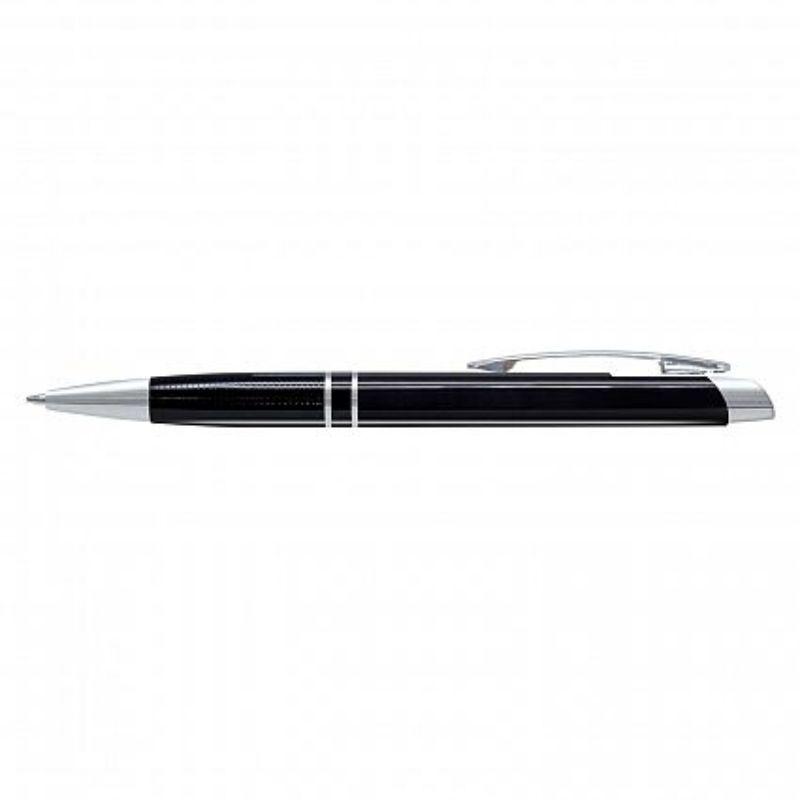 Set of 50 sleek black retractable aluminium pens with chrome accents, featuring 800m of smooth writing ink.