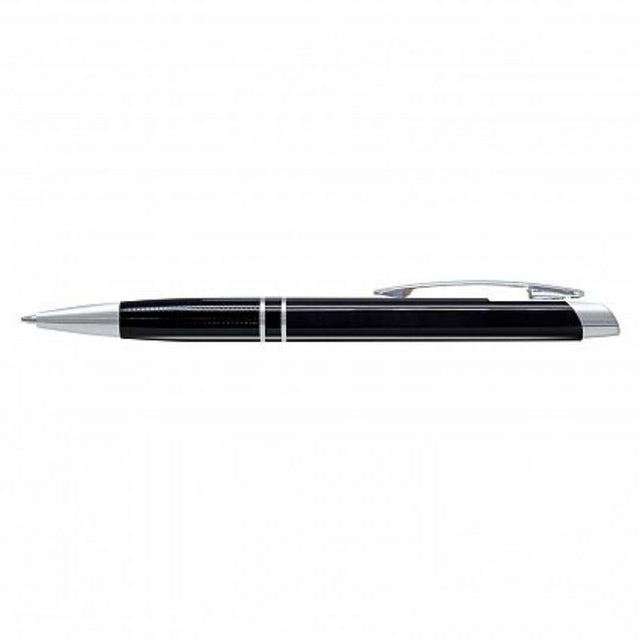 Set of 50 sleek black retractable aluminium pens with chrome accents, featuring 800m of smooth writing ink.