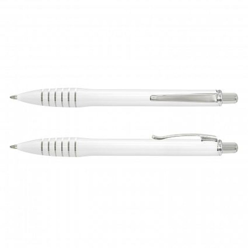 Set of 100 sleek white retractable pens with chrome trim, featuring smooth German ink and tungsten carbide technology.
