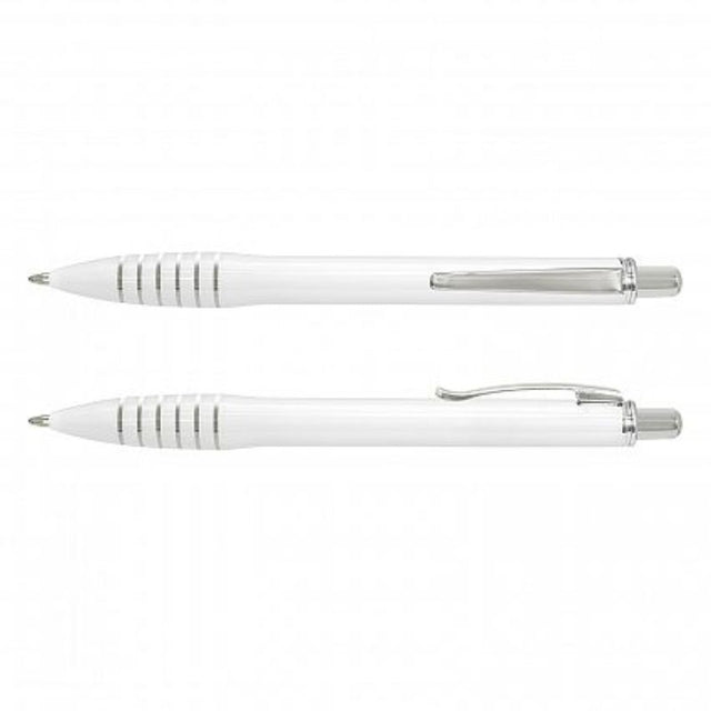 Set of 100 sleek white retractable pens with chrome trim, featuring smooth German ink and tungsten carbide technology.