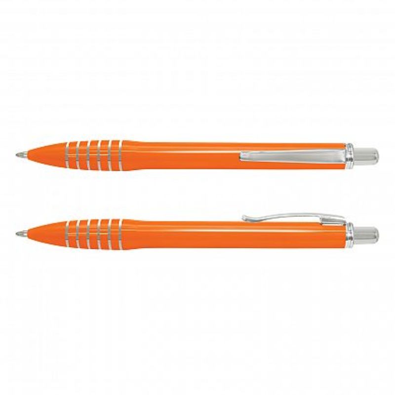 Vibrant orange Vulcan pens in a set of 100, featuring chrome trim and smooth-writing German ink refills.