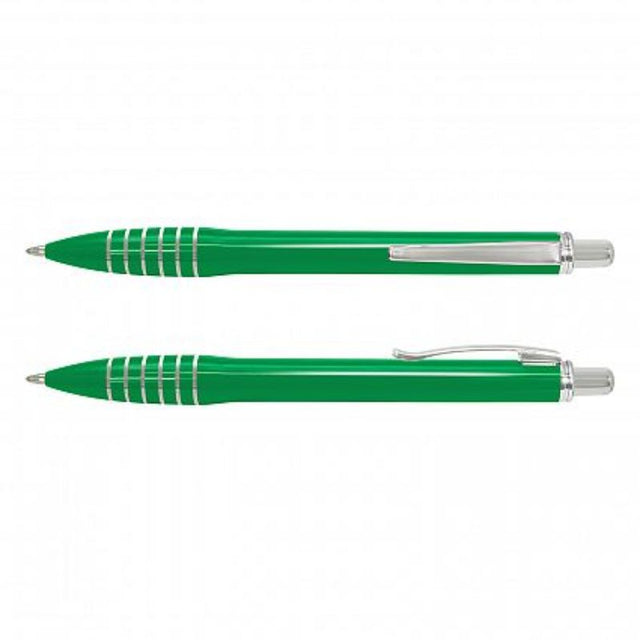 Set of 100 dark green retractable ball pens with chrome trim and premium ink for smooth, lasting writing.