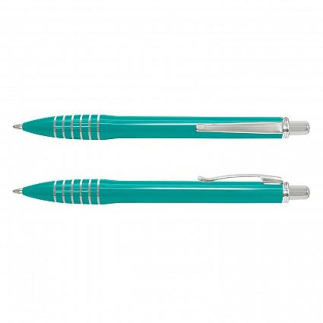 Set of 100 Teal Vulcan pens with chrome trim, retractable design, and 1800m ink capacity for smooth writing.