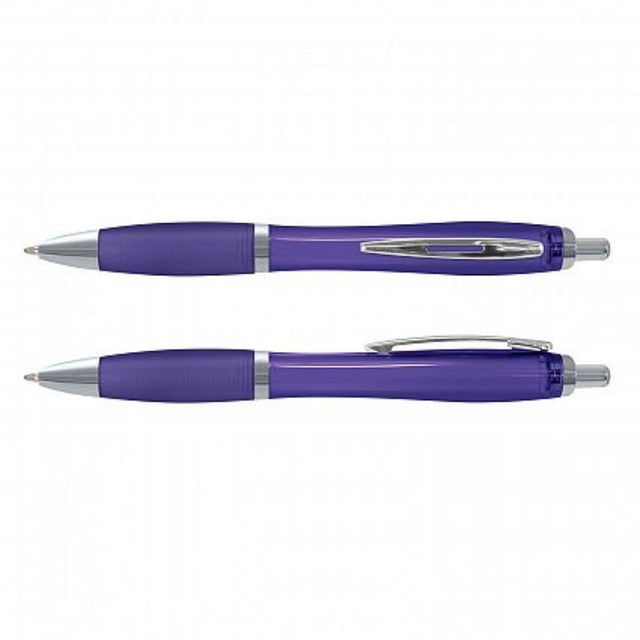Set of 100 Vistro Pens in translucent purple with a sleek design, soft-touch grip, and chrome trim for stylish writing.