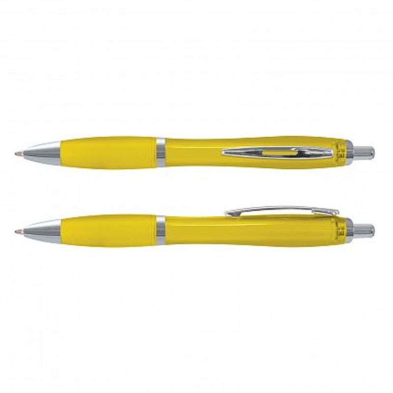 Set of 100 sleek Vistro Pens with translucent yellow barrels, soft-touch grips, and shiny chrome trim for stylish writing.