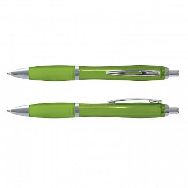 Set of 100 Vistro Pens in bright green, featuring a retractable design, soft grip, and high-capacity ink for smooth writing.