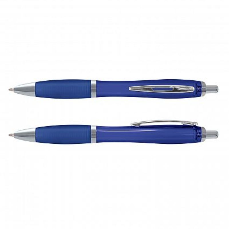 Set of 100 Vistro Pens in translucent dark blue with soft-touch grip, chrome trim, and high-capacity black ink refill.