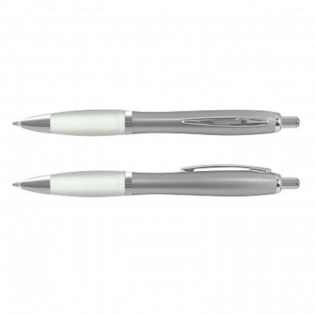 Vistro Pen set of 100 with sleek silver barrels, translucent grips, and smooth-flowing Dokumental ink for quality writing.