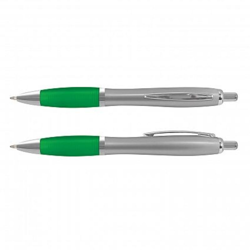 Vistro Pen set of 100 with silver barrel, dark green grip, chrome trim, and 1800m black refill for elegant writing.