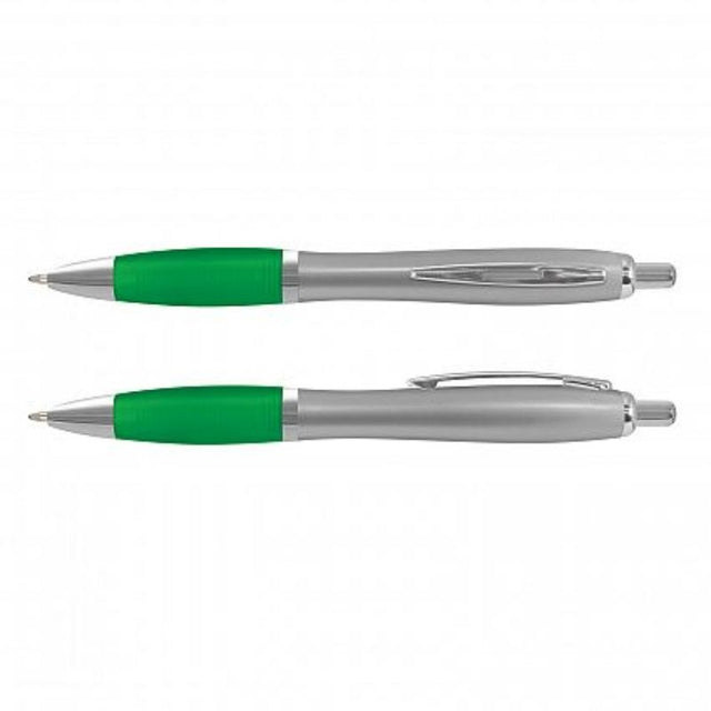 Vistro Pen set of 100 with silver barrel, dark green grip, chrome trim, and 1800m black refill for elegant writing.