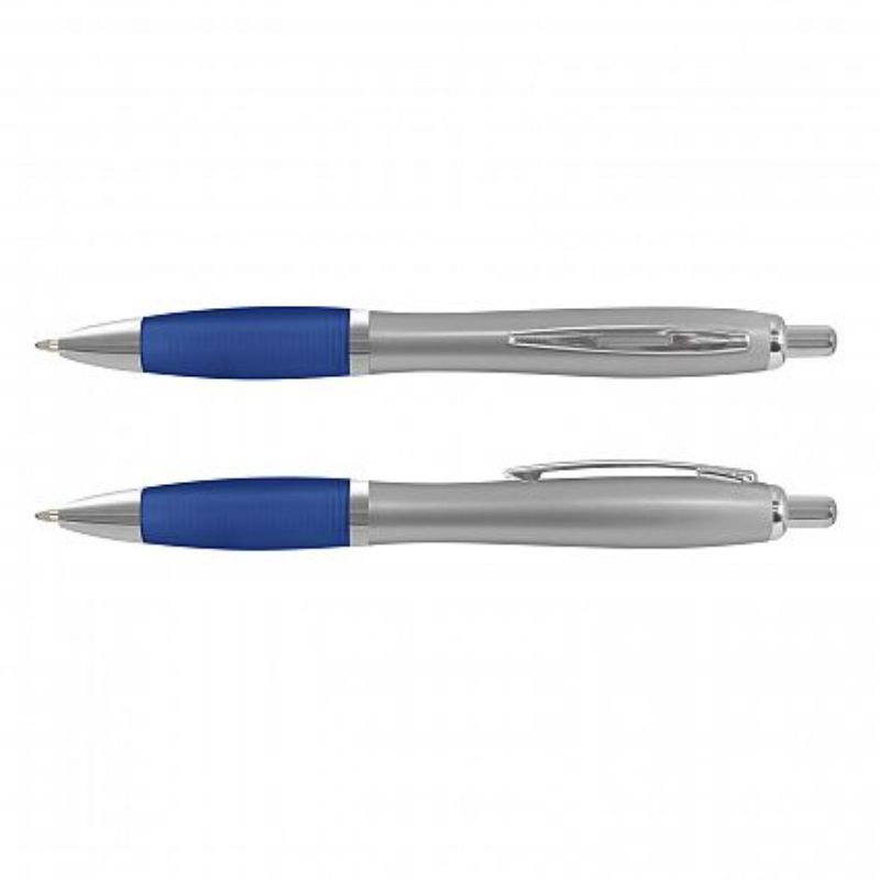 Set of 100 Vistro pens featuring a silver barrel, dark blue accents, and soft-touch grip for smooth writing.