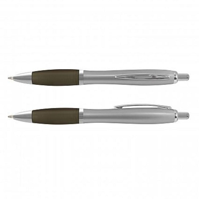 Vistro Pen set of 100 featuring silver barrels, soft-touch grips, chrome trim, and high-capacity black ink for smooth writing.