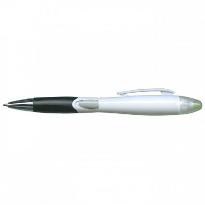 Premium white retractable ballpoint pen set of 50 with rubber grip and yellow highlighter for effortless writing.