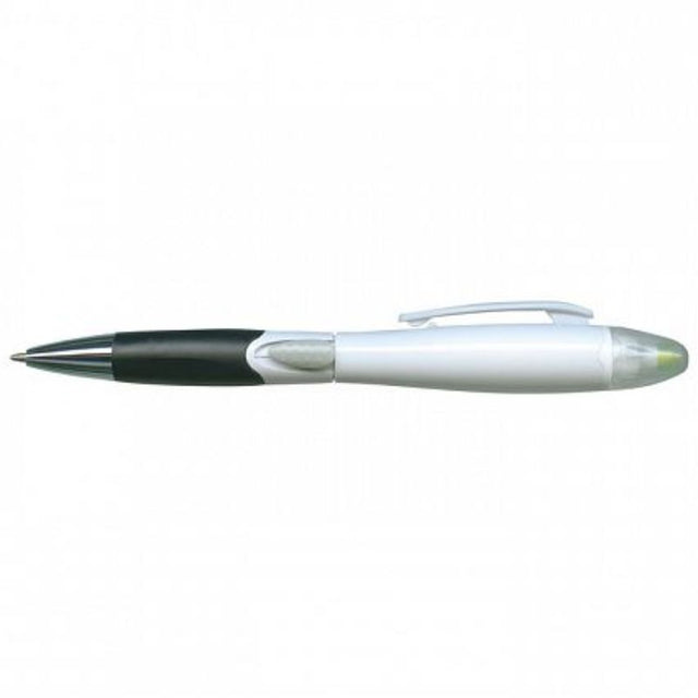 Premium white retractable ballpoint pen set of 50 with rubber grip and yellow highlighter for effortless writing.