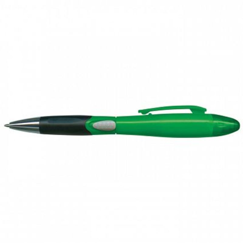 Set of 50 green retractable ballpoint pens with a soft grip and matching highlighters, perfect for smooth writing and note-taking.