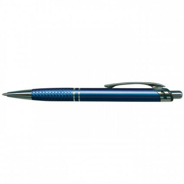 Dark blue retractable aluminium ball pens with chrome accents, 800m black ink refill, set of 50 for elegant writing.