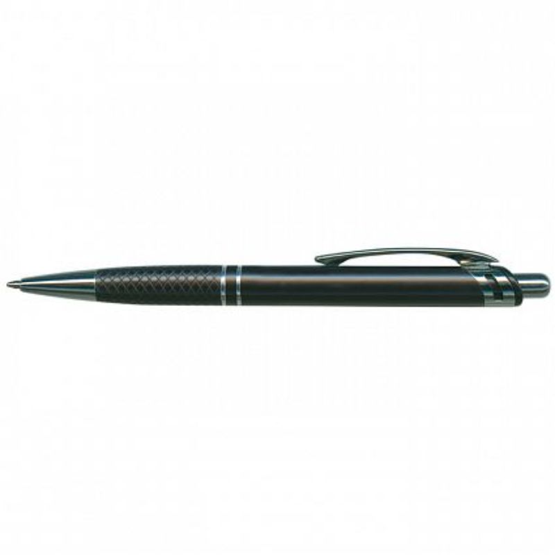 Set of 50 black retractable Aria pens with matte barrel and chrome accents, designed for comfort and long-lasting writing.