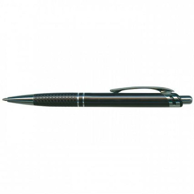 Set of 50 black retractable Aria pens with matte barrel and chrome accents, designed for comfort and long-lasting writing.