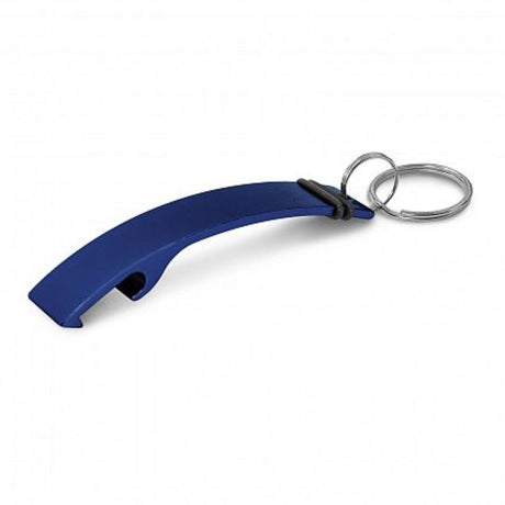 Vibrant blue metal bottle opener key rings with rubber accents, ideal for events and everyday use, set of 50.