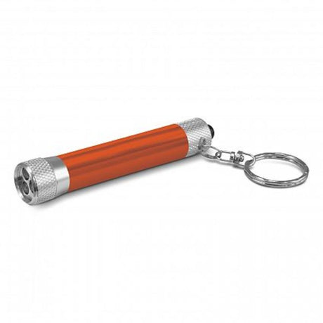 Orange aluminium mini torches with key rings and bright LEDs, perfect for everyday use and emergencies (Set of 30).