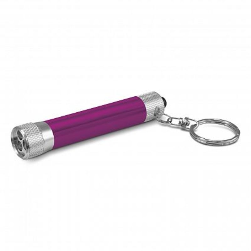 Set of 30 purple Titan Torch Key Rings, compact aluminum mini torches with three LEDs for bright lighting on-the-go.