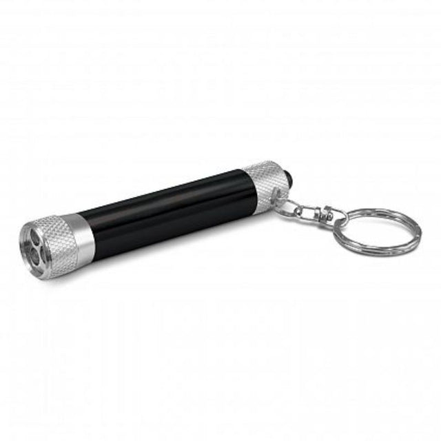 Sleek black mini torch key ring set of 30 with three bright LEDs, compact design, and convenient key ring attachment.