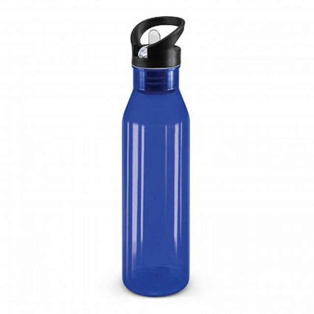 Twelve translucent dark blue Nomad Bottles, 750ml, BPA-free with flip valve lid and straw for convenient hydration.
