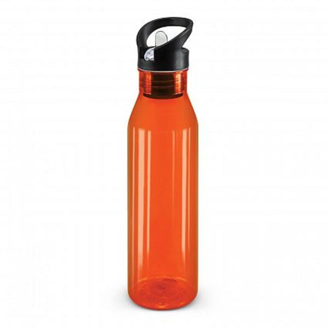 Set of 12 translucent orange Nomad Bottles with 750ml capacity, featuring a flip valve lid and straw, made from BPA-free Tritan.