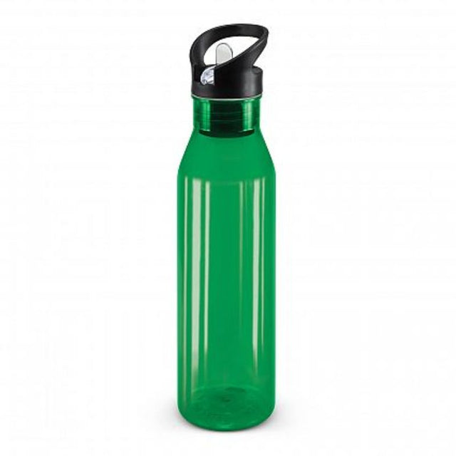 Set of 12 dark green translucent 750ml Tritan bottles with flip valve lids and straws, perfect for active hydration.