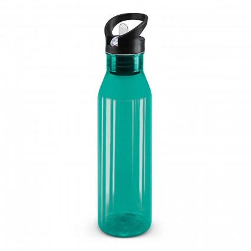 Set of 12 translucent teal Nomad Bottles with flip valve lids and straws, made from BPA-free Tritan, great for hydration.