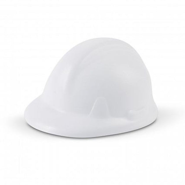 White hard hat-shaped stress balls (set of 30) made from soft polyurethane for stress relief and workplace fun.