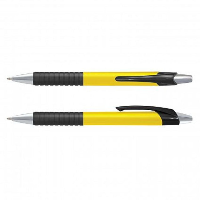 Cleo Pen set of 100 with vibrant yellow barrels, retractable design, soft-touch grip, and durable metal casing for smooth writing.