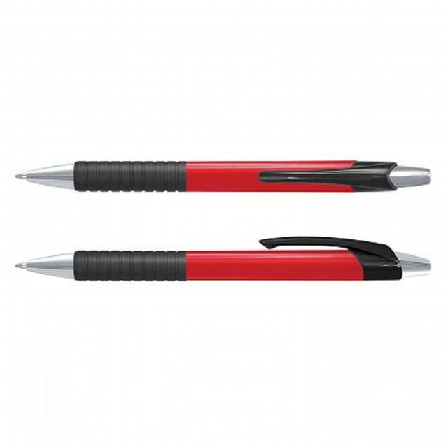 Cleo Pen set of 100 in vibrant red with retractable design, soft-touch grip, and smooth black ink for ideal writing experience.