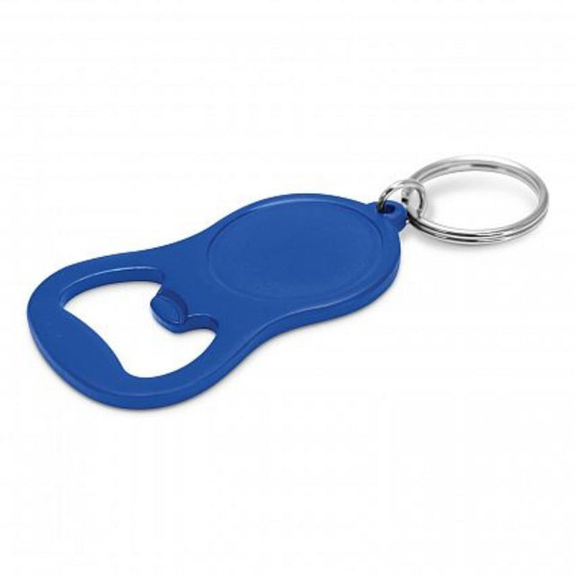 Chevron bottle opener key ring set of 50 in Matt Blue; stylish, functional, and perfect for events and promotions.