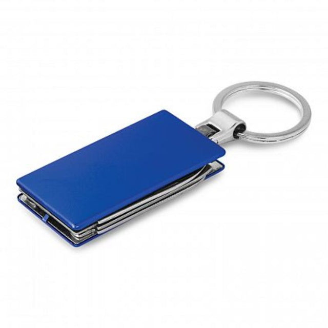 Multi-function blue metal key ring set of 12, featuring knife, scissors, bottle opener, nail file, and mini ruler.