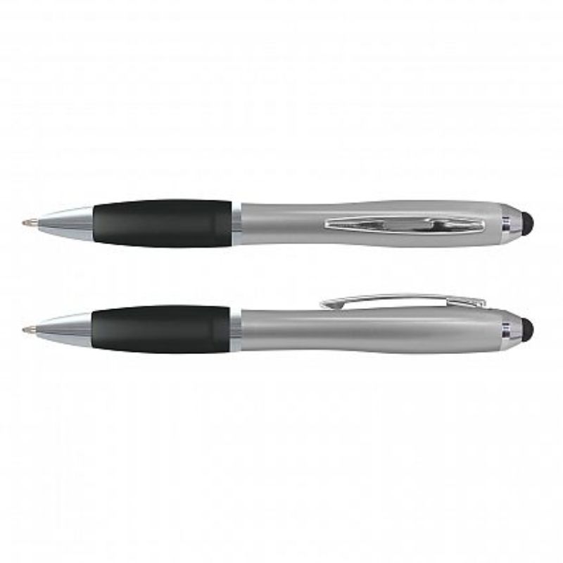 Set of 100 Vistro Stylus Pens in classic silver and frosted black with a stylish design and integrated touch screen stylus.