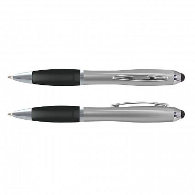 Set of 100 Vistro Stylus Pens in classic silver and frosted black with a stylish design and integrated touch screen stylus.