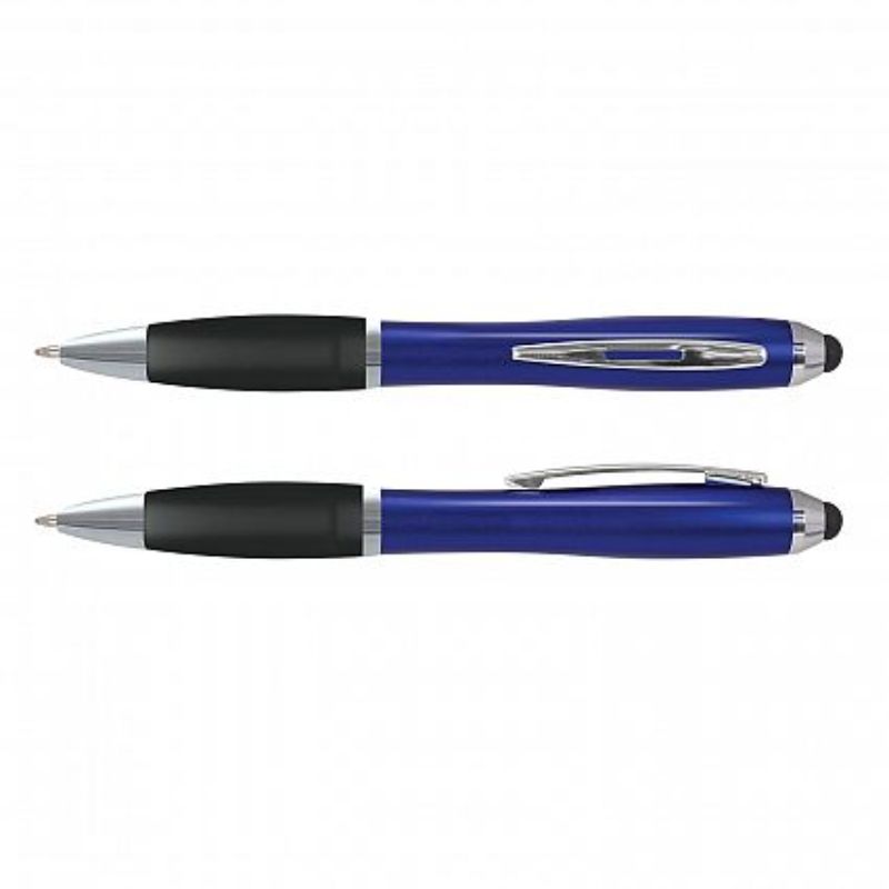 Set of 100 Vistro Stylus Pens in Classic Blue and Frosted Black with soft-touch grip, shiny chrome trim, and stylus tip.