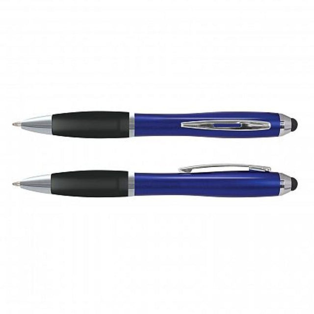 Set of 100 Vistro Stylus Pens in Classic Blue and Frosted Black with soft-touch grip, shiny chrome trim, and stylus tip.