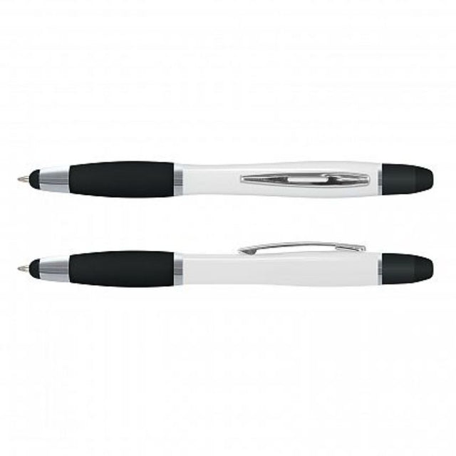 Vistro Multi Function Pen set in white and black, featuring a stylus, highlighter, and premium ink for smooth writing.