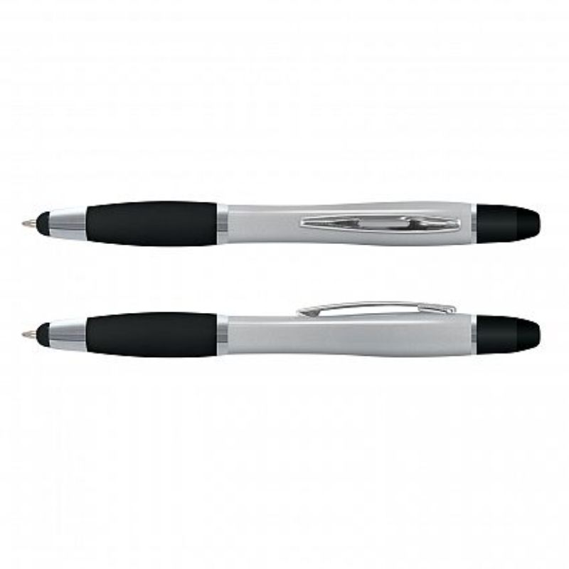 Vistro Multi Function Pen set in silver and black, featuring ballpoint, stylus, and highlighter for versatile writing.