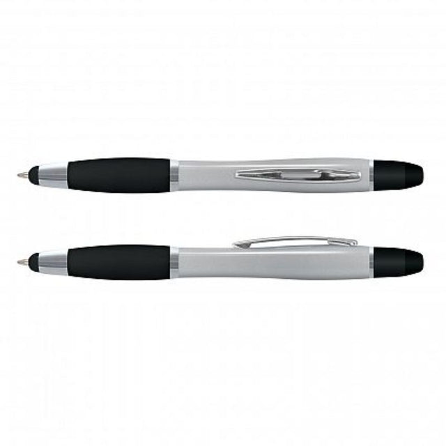 Vistro Multi Function Pen set in silver and black, featuring ballpoint, stylus, and highlighter for versatile writing.