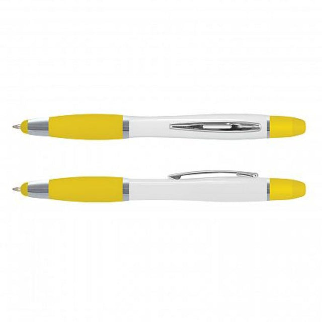 Vistro Multi Function Pen set in white and yellow, featuring a stylus and highlighter, perfect for writing and promotion.