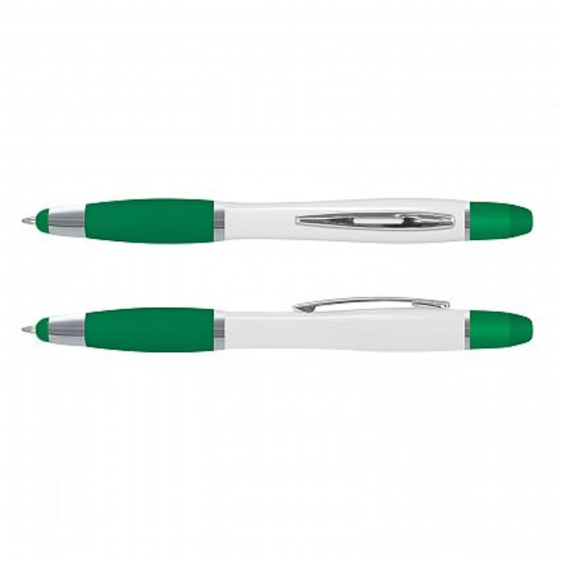 Vistro Multi Function Pen set in white and dark green with stylus and highlighter, ideal for versatile writing and digital use.