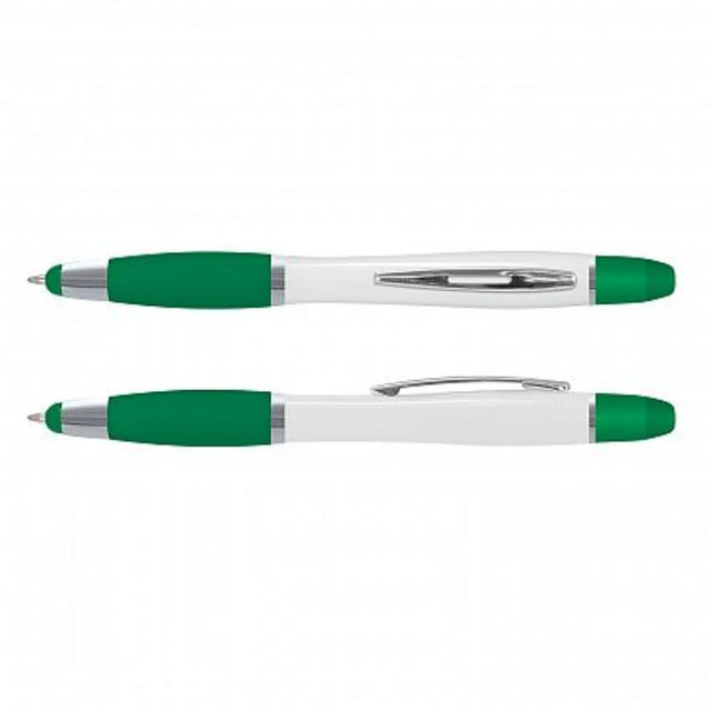 Vistro Multi Function Pen set in white and dark green with stylus and highlighter, ideal for versatile writing and digital use.
