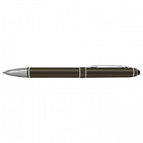Set of 30 Gunmetal Antares Stylus Pens with sleek design, chrome accents, twist action, and integrated touch screen stylus.